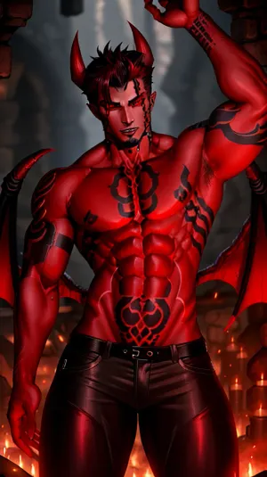 The devil was a handsome and sinister red-skinned devil with two large devil wings, tight pants, and tattoed abs. He had long hair that flowed down his back and a picture of himself in medieval clothing. His eyes were dark and