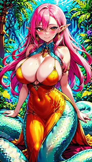 लंबे बालों और लाल आंखों के साथ लड़की दर्शकों पर मुस्कुराती है, उसके नुकीले दांतों को प्रकट करती है, क्योंकि वह आपके कान में कुछ शरारती फुसफुसाने के लिए आगे झुकती है। उसकी पूंछ उसके पीछे sway के रूप में वह वापस झुक गया, उसे दरार और भट्ठा खुलासा