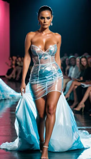 Die Runway-Show war ein Meisterwerk der Mode, mit dem geschäftigen Modell tragen ein atemberaubendes Kleid komplett aus Plastiktüten. Die Beleuchtung war leicht und intim, so dass das Publikum eine intime Erfahrung