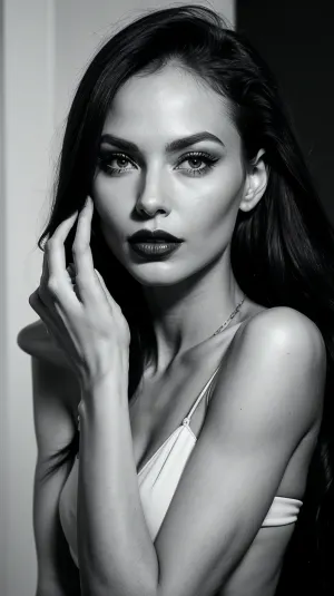 A striking, (black and white portrait), of a woman who exudes elegance and mystery. Her skin is soft and porcelain, contrasting strongly with her dark and bright red lips that are slightly separated, adding a feeling of charm. Her eyes are almost closed, with long and delicate eyelashes that cast subtle shadows on her eyelids. She her thick black long wavy hair, framing her face and emphasising her sharp and sculpted features. Her dark and blunt bangs fall perfectly on her forehead, adding a dramatic and modern touch. One hand is delicately raised towards her face, hee fingers relaxed and balanced, with pink nails that match the monochrome theme. The whole composition is minimalist but intense, creating a captivating atmosphere of sophistication and mystery. Perfect hands., JS_MaxPubicHair2, pubic, hair, MFBP1, <lora:JS_MaxPubicHair_V2:.5>, <lora:model_full_body_v1:.5>, <lora:ConicalTits:.5>, <lora:weight_slider_v2:-1>