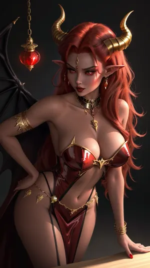 The succubus, with her sexy gold dress and tons of jewelry, sat on a throne in the castle. She had huge bat wings and horns on her head. Her skin was red and she had pointy ears, wings, and tail