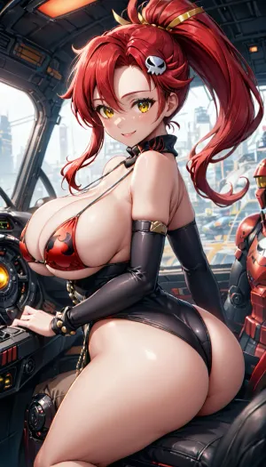 요코 from Guren Lagan 이다 giving a lapdance 에 소년, 누구 이다 seated 에 the 소년. 그녀는 빨간 머리가 있고 사진기로 약간 돌진된 소형 및 비키니 정상을 착용합니다. 여자의 얼굴은 부분적으로 obscured