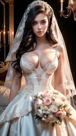 レースとシルクのボディス、ハイバック、ボリュームのある曲線、セクシーなレース、シルクのガウン、魅惑的な顔、カメラのための官能的なポーズと黒のウェディングドレスの女性