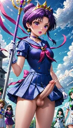 Sailor Pluton, le senshi du temps et de l'espace, flottait dans les nuages avec sa queue qui était grande et veineuse. Elle portait un uniforme de senshi marin avec un choker et des boucles d'oreilles. Son rouge à lèvres était carmin et ses yeux