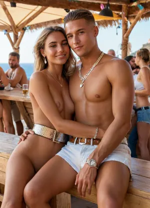 La beauté bronzée de l'image porte une ceinture en diamant de haute qualité, des bijoux en argent et une ceinture en diamant. Elle est assise dans un bar au festival de Sant Carles de Peralta avec seulement ses baskets et ses câlins