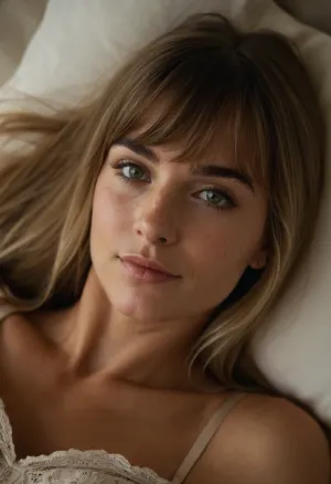 The woman in the photo is lying in bed with a relaxed posture, wearing a soft, pastel-colored nightgown that hugs her curves. Her hair is tousled and falls across her shoulders, framing her face. She has deep blue