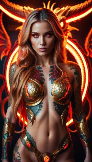 Una bella bionica tatuata neon dorato-lungo capelli profondo neon rosso-occhio ragazza dragonid con corpo pieno