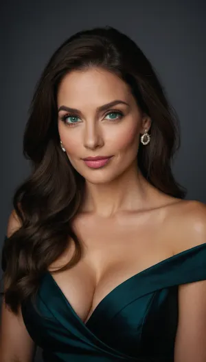 Eine Frau in ihren Mid-Forties, mit langen schwarzen Haaren und markanten blau-grünen Augen, wurde in einem grauen Kleid mit Diamantohrringen gekleidet. Ihr Make-up war subtil, akzentuiert ihre großen Augen und erzeugt eine warme professionelle Qualität, die hervorgehoben