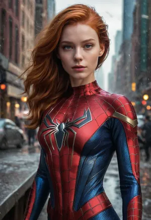 woman, Alien-themed Closeup fullbody portrait of 18YO female Spiderman, ginger hair, city, intricate background, atmospheric scene, masterpiece, best quality, (detailed beautiful face, detail skin texture, ultra-detailed body:1.1), fantasy, feminine+, shiny wet skin, looking at viewer, modelshoot style, (extremely detailed CG), photo of beautiful artwork, High Detail, Sharp focus, dramatic+, (photorealistic), Intricate, handsome, . Extraterrestrial, cosmic, otherworldly, mysterious, sci-fi, highly detailed, tits exposed, torn, fly, down, at, _______, <lora:tornclothesv6-8:.5>