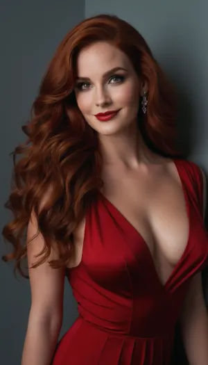 肖像中的年轻女子身穿深红色的裙子,领带高,细腻的蕾丝袖,细微的蕾丝袖. 她的头发在松散的波浪中呈现出风格,她的妆色微妙但有效. 她看起来像她可能来自