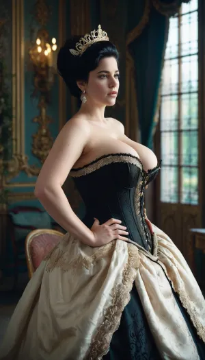 pale, black hair, chubby, high-resolution, photorealistic image, wallpaper, 8k, 40yo, young woman, full standing view, horny queen Marie-Antoinette, visible chests and nipples, perfect classical embroided corset, black dress, chested, <lora:flat_chested_v3.5:-1>
