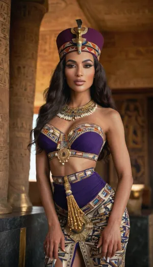 L'immagine mostra una donna in piedi sul ponte di un'antica nave egizia nel fiume Nilo, con piramidi sullo sfondo. Indossa un corpetto dotato ornato di intricati motivi e texture, tavolozza di colori terra con riflessi in regale