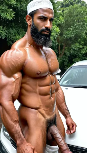 Ein muslimischer Mann beugte seinen großen schwitzigen nackten Körper vor dem Auto, sein großer Schwanz stand hoch und stolz. Er war ein wahres Beispiel für Männlichkeit und Stärke, mit einer perfekt runden weißen engen muslimischen Mesh Gebetskappe für Namaz