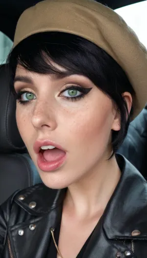 A 전문 포르노 여배우 와 성숙한 몸 과 열린 입, Wear a black leather Jacket 과 matching Latex pants 와 a 8k cinematic photo 의 그녀 완벽한 곡선