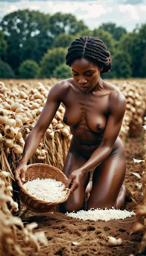 A young black female slave, clothed in nothing but a loincloth, bent over and picked up cottons in a farm