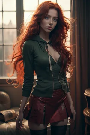 long red head hair, realistic, realism, photorealism, photo-realistic, high contrast, (photorealistic:1.4), 8k high definition detailed realistic, (best quality, masterpiece:1.2), NSFW, photon mapping, radiosity, physically-based rendering, best quality, highly detailed, Alice from Wonderland in a very short skirt and lacy black stockings, green eyes, upper body, standing, sky, street, store, looking at the viwer, hoodie, 111cine8matic55, <lora:CineStyle5:.5>