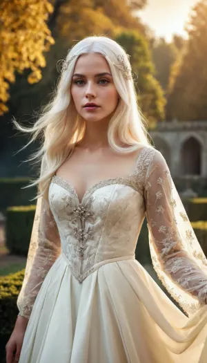 La joven con pelo blanco recto en una bata blanca real, con un antiguo maquillaje fotorrealista de papel amarillo vintage, estaba frente al jardín medieval. Miró la foto y sonrió. De repente, se desvaneció en el aire como si ella