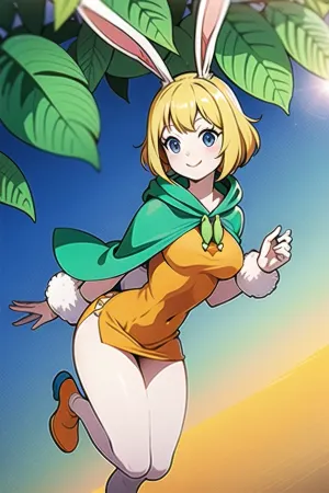 blue sky, sunny, masterpiece drawing, detailed, blonde hair, bunny ears, detailed lines, white fur, short fur all over the body, snub nose, rabbit people, orange short dress, green very short cape, no hood, brown boots, free tits carrot_op, <lora:Carrot_OP:.5>