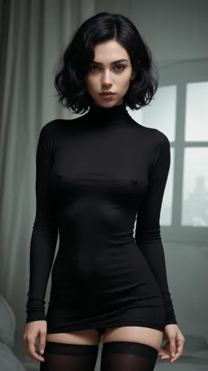 full body portrait, (pretty girl), face forward, (black short curly hair color), dark eyes, serious expression, looking at viewer, ((wearing long-sleeved black crew neck dress with a white collar, black thigh high socks)), standing, skinny, petite body, midnight, eerie vibes, creepy mansion, brick, vines, field, fog, mysterious, BREAK, (8k, RAW photo, best quality, masterpiece:1.2), (realistic, photo realistic:1.3), UHD, high detail RAW color photo, sharp focus, (real skin), perfect anatomy, slender, perfectly detailed face and eyes, (cinematic lighting), (moist eyes, moist lips), JS_SaggingBreasts, JS_Middle, JS_Small, <lora:JS_SaggingBreasts:.5>