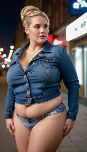 古い女性は通りを歩いていた、彼女のセルライトボディのたるみとふわふわ。 彼女はデニムのジャケットと広いヒップを着ていました。 それぞれのステップで大きなアスツジグライド