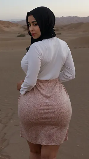 40歳の女性は、広いヒップと厚いアスツが砂漠に歩いていました。彼女のヒジャブは彼女の後ろに流れます。 彼女はアラブの女性の服に着服し、彼女の不快なbosomと太い太もを見せていました。 目が鋭い