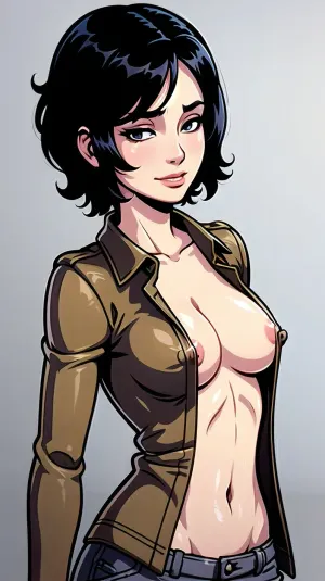 Uma Eurogirl em uma camisa marrom com um corte de cabelo pixie estava tirando fotos da floresta coberta de neve. Ela tinha um pequeno peito perky e mamilos perfeitos, que eram visíveis através de sua blusa. Seu corpo magro foi perfeito