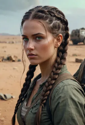 Un superviviente apocalíptico post con largas trenzas holandesas y pelo oscuro, usando una pintura de arte digital semi-realista de Atey Ghailan. La mujer se representa de una manera muy detallada y realista, con sus ojos verdes penetrando por