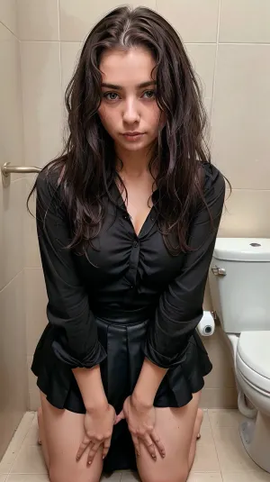 woman, ((wearing black blouse, black skirt)), kneeling, innocent, piss on clothed, brown hair, toilet, her hair was dirty, her hair was frizzy, sharp focus, (8k uhd:.8), ultra-detailed, RAW Amateur Photo, wet, hair, <lora:zovyaWetHairLORA64_V1:.5>