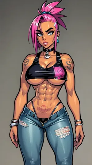 그림의 여성은 목과 분홍색 네온 텍스트에 skull을 포함하여 그녀의 몸에 가득 차있는 문신을 가진 Chicano 작풍 문신을 한 여성입니다. 그녀는 높은 뺨뼈와 어두운 피부, ghetto에서 streetwear를 착용, sag