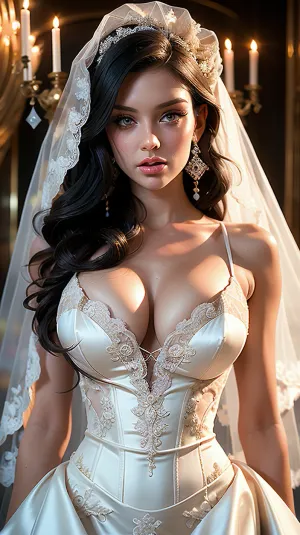 The woman in the wedding dress was tall and thin, with long wavy hair that cascaded down her back. She had a sexy body and a seductive face, with large expressive eyes and full lips. Her skin was smooth and creamy,