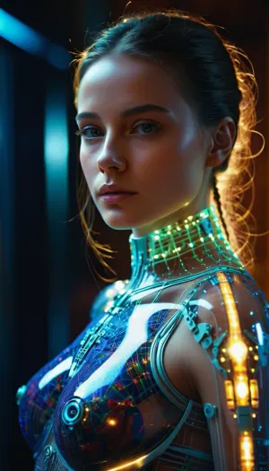 A menina andróide AI com pele transparente ficou na minha frente, seus olhos brilhantes varrendo meu cada movimento. Ela foi a última criação da indústria tecnológica, e eu não pude deixar de me sentir grato por esta nova tecnologia que nos aproximou