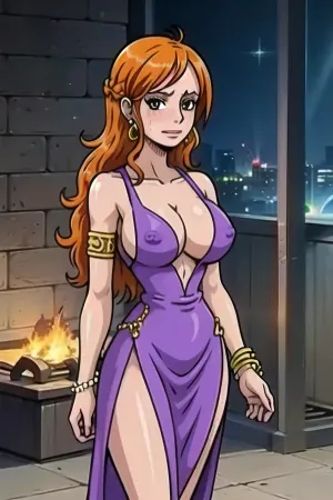 (Masterpiece), 1girl, high quality, best quality, extremely detailed eyes, extremely detailed body, blush, clean, cinematic lighting, cinematic bloom, highly detailed, Nami, one piece, orange hair, solo, long hair, breasts, large breasts, dress, cleavage, brown eyes, jewelry, closed mouth, standing, collarbone, earrings, sleeveless, indoors, bracelet, no bra, sideboob, blue dress, purple dress, side slit, beads, <lora:Nami v1:.8>, <lora:akaburStyleLora_akaburAnythingV3Lora:.5>