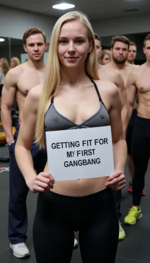 La mujer rubia de la foto se está adaptando a su primer Gangbang, sosteniendo un letrero que dice: "Acaba para mi primer Gangbang". Lleva una pinza deportiva y unos pantalones de yoga apretados, con el pelo tirado de nuevo en una cola de caballo