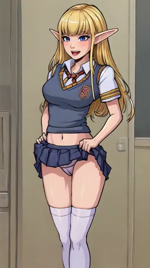 O elfo no uniforme da escola levanta sua saia, revelando uma tanga e uma imagem de WhiteRealStockings. Ela envia a imagem para seus amigos com a legenda "Ready for class
