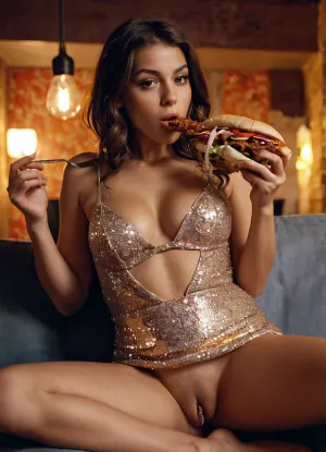 Die Frau im funkelnden Mikrokleid fühlte sich geil und entschied sich, etwas Spaß zu haben. Sie ging in eine lokale Bar und bestellte einen Spender Kebab, aber anstatt es zu essen, entschied sie sich, es mit ihren Händen zu essen. Als sie aß