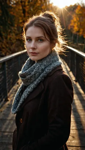 La donna sul ponte era vestita in una giacca scura con colletto di lana, e le sue mani erano nelle sue tasche. Aveva una faccia timida senza espressione, e la sua pelle era molto lattea e pallida. I suoi capelli erano scuri ed estremamente ondulati,