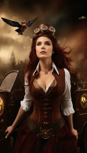 La regina di pirata steampunk femminile si trovava sul tetto della sua auto volante steampunk, ammirando la vista della città sottostante. I suoi occhi piercing hanno scandito l'orizzonte, cercando qualsiasi segno di pericolo. Era un vero eroe, con occhi affilati