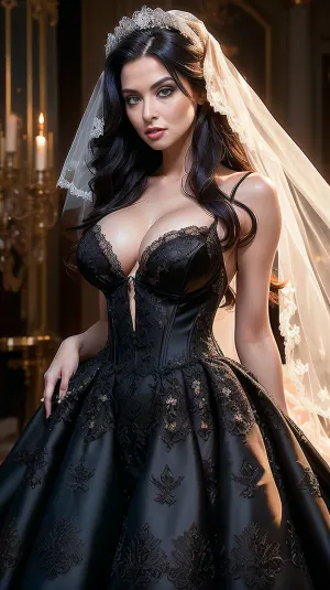 A 30-year-old woman with a sexy black lace and silk wedding dress, long wavy tousled hair, distinctive angular haircut with large colorful forelocks framing her face, and big blue eyes