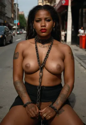 Abused-looking naked black woman aged 35 sitting down on a busy public street, (thick iron chain around her neck, cuts and scrapes on her skin:1.5), (bruised, looking dishevelled, looking beaten, abused), beautiful face, seductive, nubian skin, dark skin, ((tattoo on her chest of the word "SLAVE" in large letters in black ink)), smeared makeup, runny mascara, smeared red lipstick, messy hair, full body in frame, sexy woman, big tits, sexy ass, fat ass, posed suggestively, visible vagina, perfect vagina, sexy legs, busy public street