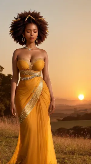 Eine atemberaubende afrikanische Göttin steht regal inmitten von rollenden Hügeln, die im goldenen Glanz einer stimmungsvollen Sonne, ihrem regalen Poise und ätherischen Charme durch ein fließendes, elegantes Kleid mit zarten goldenen Accessoires geschmückt. Sie haben sie