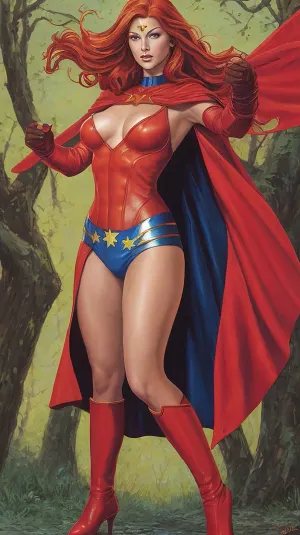 Потрясающая картина женщины в красно-белой форме супергероя, с ее волосами в культовом рыжем стиле, стояла высокой и гордой. Она держала в руке красное звездообразное оружие, запечатлев сущность Джима Старлина