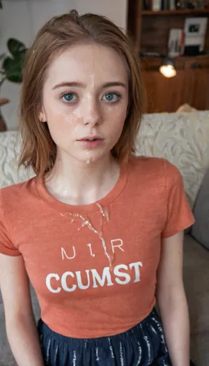 photo of a, (petite), (slim), 23 year old, chestnutcolored hair, big grey eyes, cum on her face, t-shirt, skirt, on the shirt is text printed "CUMSLUT", in a cozy livingroom, warm light., ., ohwx, woman, cum, on, face, <lora:PetiteNymphet_SDXL_v1.0:.5>, <lora:JustCum:1>