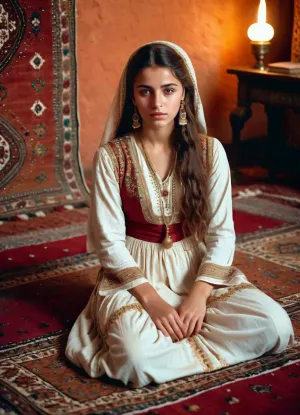 19 세기 동양 예술가의 전통 스타일에 카펫에 앉아, 메이크업 없음