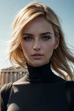 photo of extremely sexy, (luh4nn4-140:.99), a woman on the cover of a magazine, smile, pixie blonde hair, pixie-cut, (closeup portrait:1.2), ((pervpulp15:1.2)), ((windblown hair:1.3)), modelshoot style, (extremely detailed CG unity 8k wallpaper), photo of the most beautiful artwork in the world, professional majestic oil painting by Ed Blinkey, Atey Ghailan, Studio Ghibli, by Jeremy Mann, Greg Manchess, Antonio Moro, trending on ArtStation, trending on CGSociety, Intricate, High Detail, Sharp focus, dramatic, photorealistic painting art by midjourney and greg rutkowski, (tight long sleeve turtleneck dress:1.2), (long trousers), ((Athens Parthenon in background)), (looking at viewer:1.2), (detailed pupils:1.3), (windblown hair:1.2), (Vogue magazine:1.3)