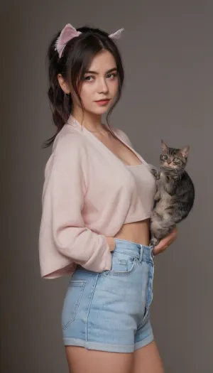 highres, masterpiece, perfect lighting, bloom, cinematic lighting, adult, female, looking at viewer, cowboy shot, (RSEEmma:1.5), xivstreetjacket, jean shorts, cat ears, side-swept bangs, black hair, pink IncursioDipDyedHair, messy mid ponytail, green eyes, thick eyebrows, freckles, smile, <lora:RSERomantic_RSESofiko_RSEEmma-v1:.3>, <lora:XIVStreetJacket_v20:.8>, micro, shorts, <lora:ExtremeMicroShorts:.5>, navel, ruler_tattoo, <lora:RulerTattooV2-000006:.5>