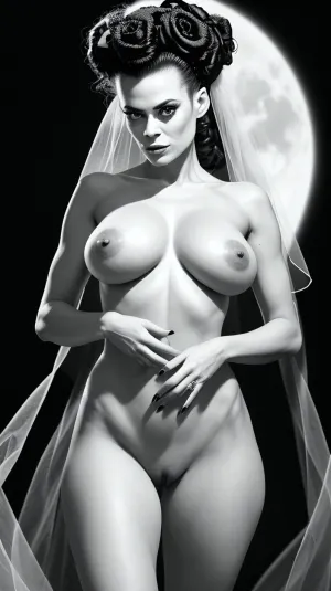 La Novia de Frankenstein, a pesar de sus imperfecciones, era una vista para contemplar con sus cinco dedos en cada mano y dos brazos. A pesar de sus imperfecciones, todavía era una mujer hermosa con piel verde y piel cosida. Su anatomía