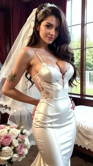 Eine große, blushing Ausdruck, sexy Frau tragen ein sexy schwarzes Haar Hochzeitskleid