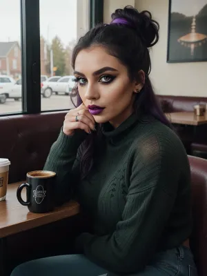 在一个小镇的小餐馆里, 另一只穿性感紫色毛衣和蓝色牛仔裤的雌鸟 穿着黑色靴子坐在一个乡村餐厅里 独自喝一杯咖啡 她的另类外观是捕眼和迷惑