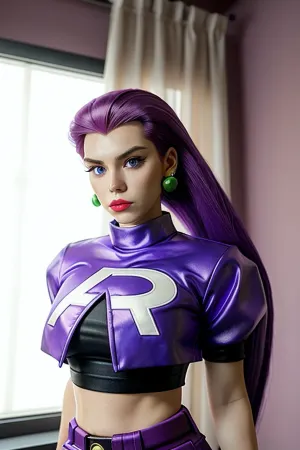 Jessie, el famoso miembro de Team Rocket, estaba frente a un espejo admirando su nuevo top de cultivo y pendientes. Había tirado el pelo y aplicado una generosa cantidad de maquillaje para mejorar sus características. La foto fue tomada con una