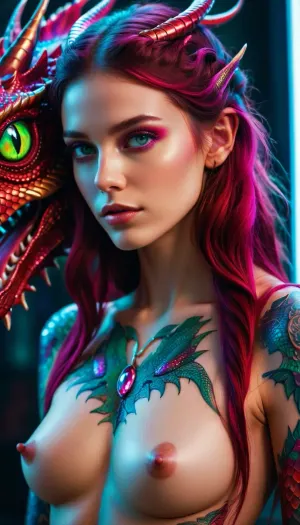 चित्र में नियॉन इंद्रधनुषी रूबी-eyed ड्रेगन लड़की एक सुंदर बायोनिक टैटू नियॉन इंद्रधनुषी रूबी लंबे बालों के साथ प्रस्तुत किया गया था पाठ उत्पन्न: सुंदर बायोनिक टैटू नियॉन इंद्रधनुषी रूबी लंबे बाल उत्पन्न